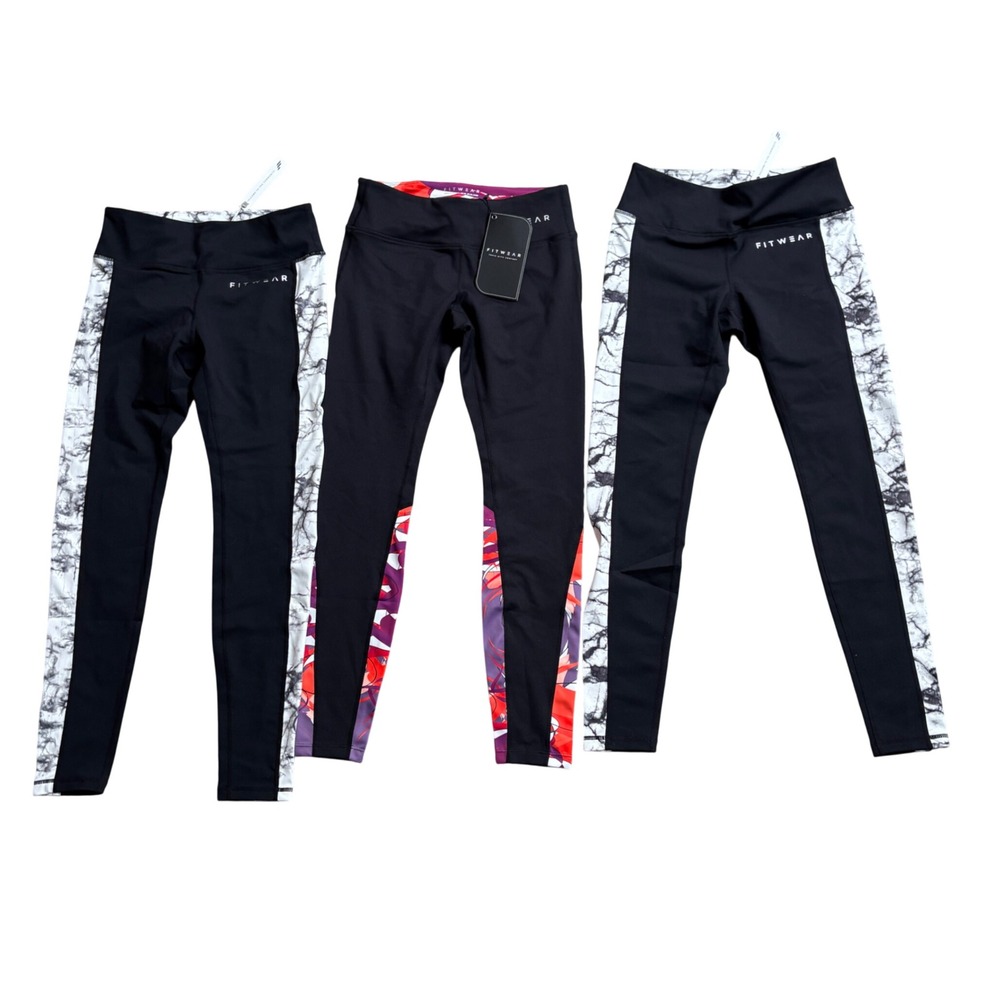 Fitwear Womens Leggings Lot of 3 Size Small Black Marble Floral Activewear NEW